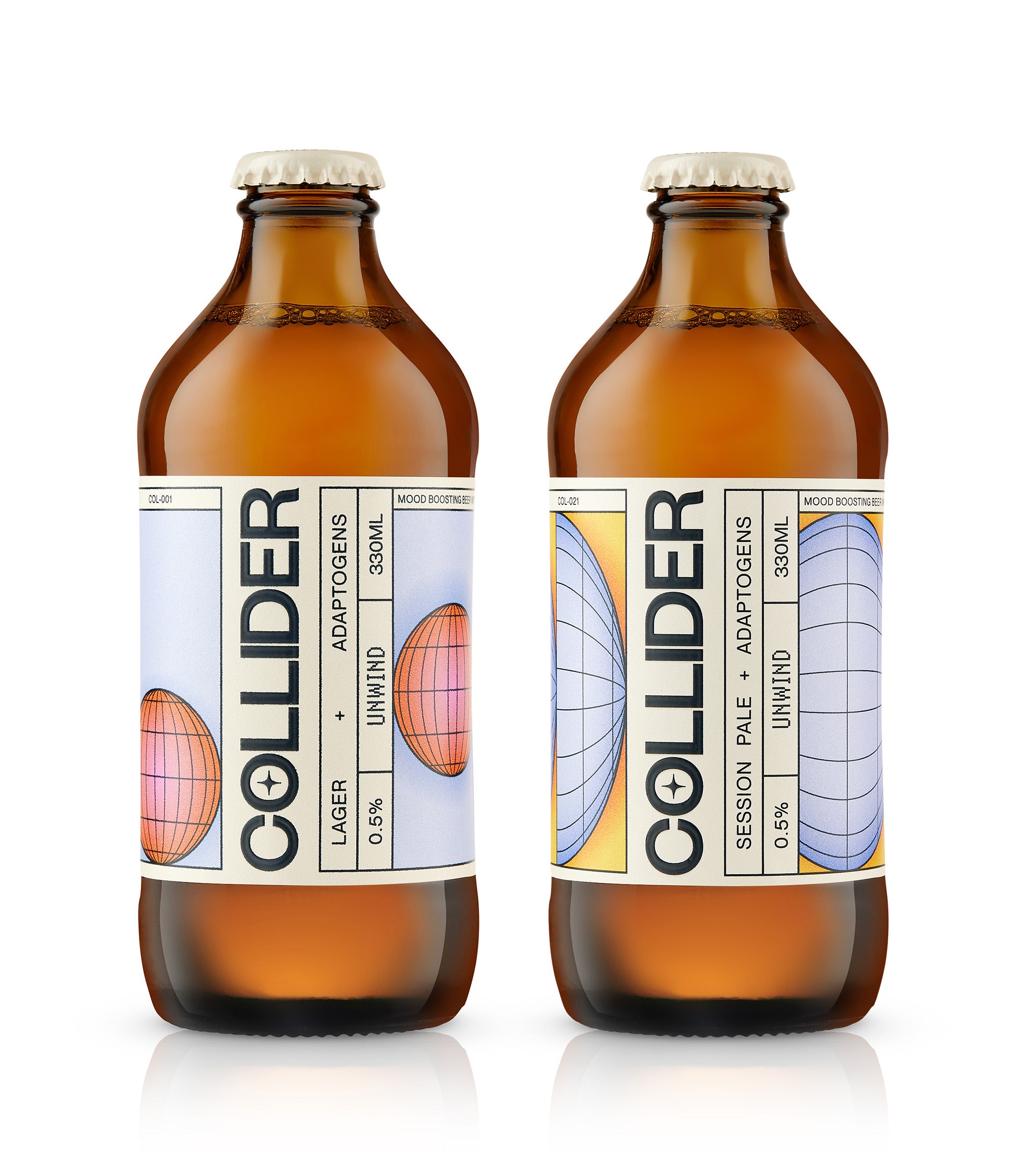 Mood boosting alcohol free lager and pale ale in bottles infused with adaptogens and fungi.